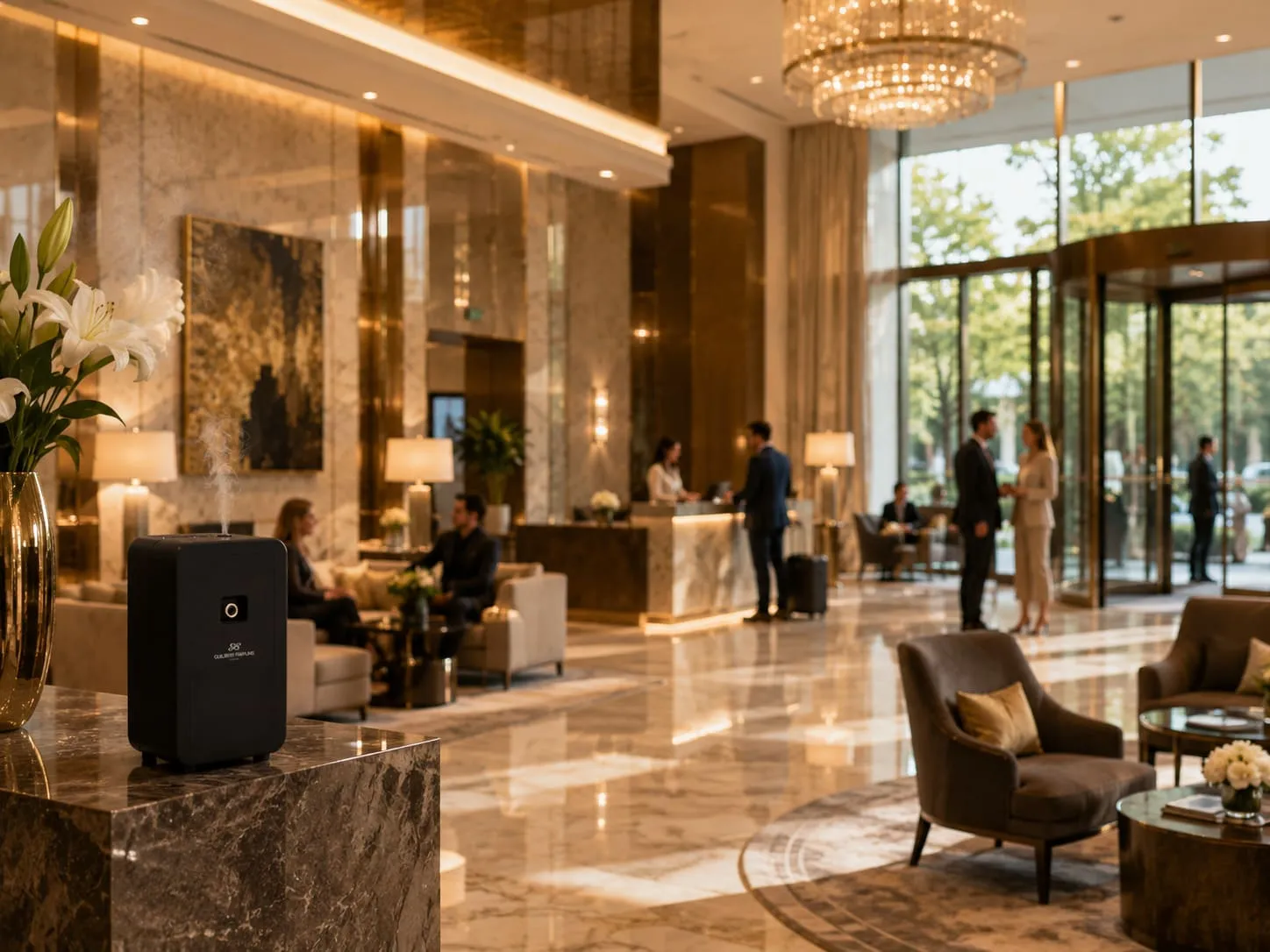 Diffuseur Guilbert Parfums dans le hall d'un hôtel