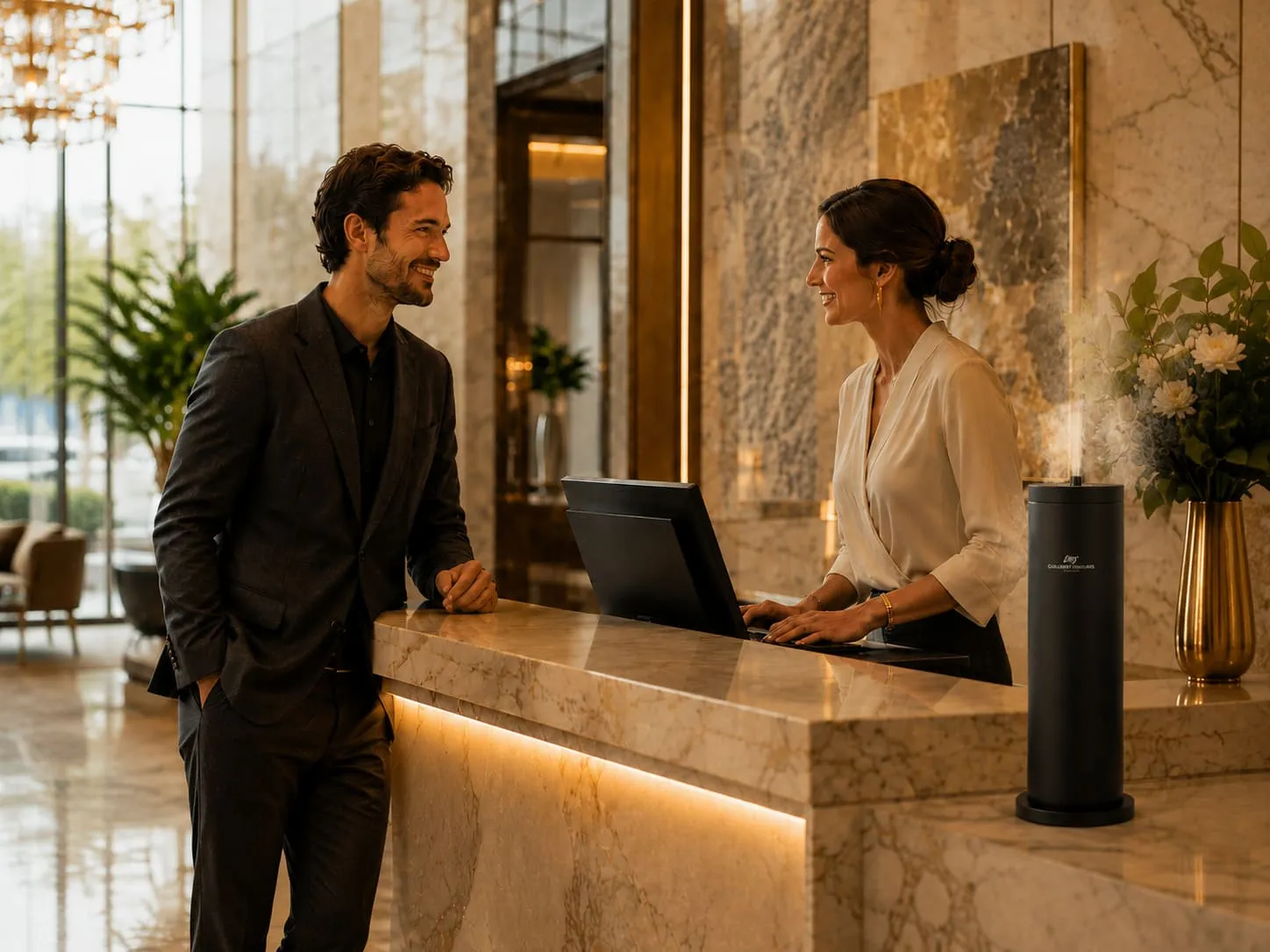 Diffuseur de parfum professionnel dans un lobby d'hôtel haut de gamme